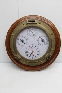 Vintage Messing & Holz Maritim Bullauge Quarzuhr und Wetterstation - Bild 1 von 5