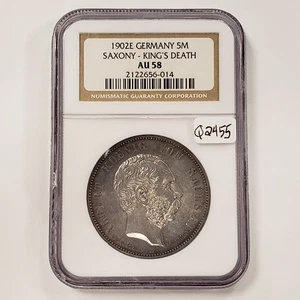 1902-E German States Saxony Albertine 5 Mark .8037 oz ASW - NGC AU 58 - Q2455 - Picture 1 of 8
