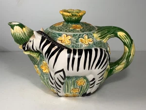 RARE The Strata Group Hand Painted Ceramic Jungle Spree Zebra Teapot 9" - Picture 1 of 13
