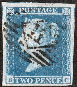 1841 SG14 2d BLUE PLATE 4 VERY FINE USED 4 LARGE MARGINS LONDON INLAND "11" (BC) - Picture 1 of 2