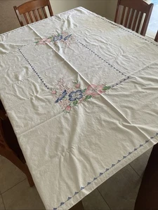 Vintage Cross Stitch Tablecloth Pink Blue Flowers Handmade And Stitched 60”x48” - Picture 1 of 3