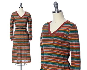 Vintage 1970s 70s Metallic Striped Rainbow Knit Acrylic Jersey Sweater Day Dress - Picture 1 of 9