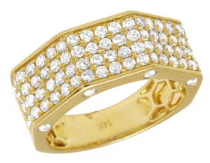 14K Yellow Gold Mens Real Four Row Diamond Octagon Ring 10MM 2 1/4CT - Picture 1 of 6