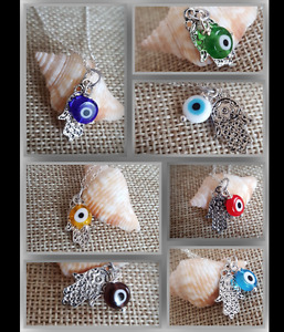 Silver Hamsa Evil Eye Pendant Necklace Protection Luck 7 Color Choices 16" , 18"