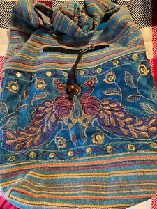 Tribe Azure Handbag blue shoulder bag, embroidered Peacocks, Fair Trade