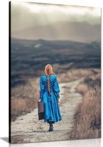 Niña Vintage Vestido Azul En Camino A Casa Enmarcado Lona Estampado Pared Arte Decoración del Hogar - Imagen 1 de 6