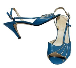  VTG 70s Womens Size 7B Blue Man Made Scalloped Slingback High Heel Sandles