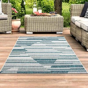 Teppich Outdoor Wetterfest Blau Balkonteppich Terrasse Außenbereich Geo-Muster  - Bild 1 von 12