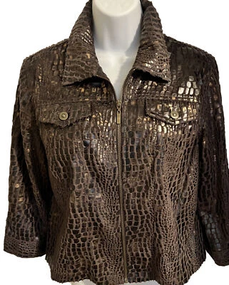 Ruby Rd Short Jacket Womens 12 Faux Leather Snakeskin Animal Print Cropped Brown - Image 1 of 4