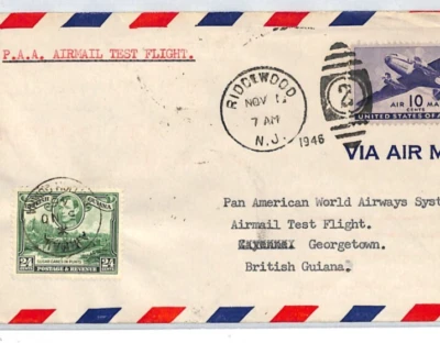 BRITISH GUIANA/USA Air Mail Cover 1946 PAN-AM *TEST FLIGHT* Mixed Franking XJ21 - Image 1 of 4
