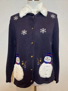 Crystal Kobe Fur Collar Snowman Embroidery Navy Button Front Sweater Cardigan S - Picture 1 of 10