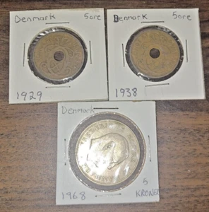 Vintage 1929, 1938 Denmark 5 Ore XF + 1968 5 Kroner coins lot - Picture 1 of 2