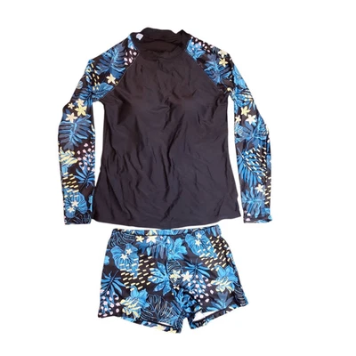 Hawaiian Print 2 Piece Swimsuit Long Sleeve Top With Boy Shorts Size XS - Image 1 of 4