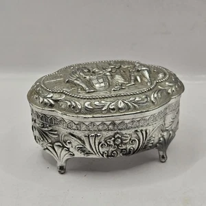 VTG English Silver Tone Jewelry Box Footed Lined Ornate Courting Patina Raised - Picture 1 of 20