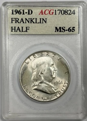 1961-D 50c ACCUGRADE Franklin Silver Half Dollar ACG Vintage Old Holder - BU Gem - Image 1 of 2
