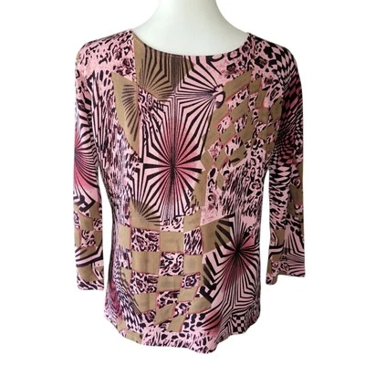 Joseph A Mixed Media Animal Print Pink Lt & Dk Brown Sz Med Stretchy 3/4 Sleeve  - Image 1 of 4