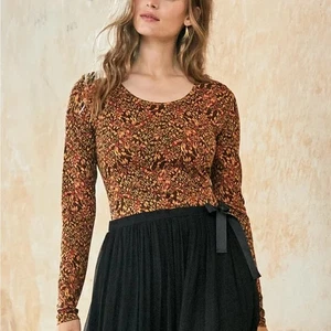 Peruvian Connection Brown Mustard Red Floral Long Sleeve Cotton Tee Womens Small - Picture 1 of 6