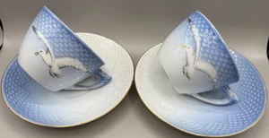 Vintage Bing Grondhahl Denmark blau weiß Möwe Tee Kaffeetasse Untertasse Set 4 tlg - Bild 1 von 9