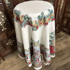 Printed Tablecloth Cotton Holiday Christmas Red Green 68" Round Victorian VTG - Bild 1 von 9