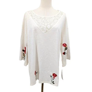 Hannah Top XL White Lace Inset Embroidered Floral Boho Cottage Tunic NWT FLAW - Picture 1 of 8