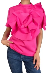 Blusa Gracia Roseta Flor Plisada Fushica Rosa Top Artística Manga Corta Talla S - Imagen 1 de 9
