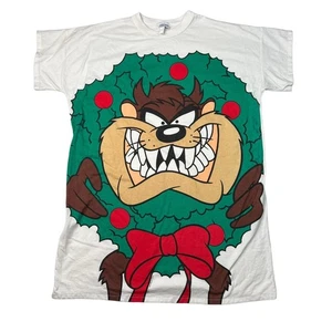 Vintage 90s Christmas Wreath Taz Big Face Sleep T-Shirt Looney Tunes OS, XL - Picture 1 of 7