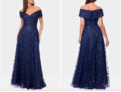 Vestido Xscape Azul Marino Lentejuelas Floral Apliques Fuera del Hombro Talla 14 $338 Foto 1 de 3