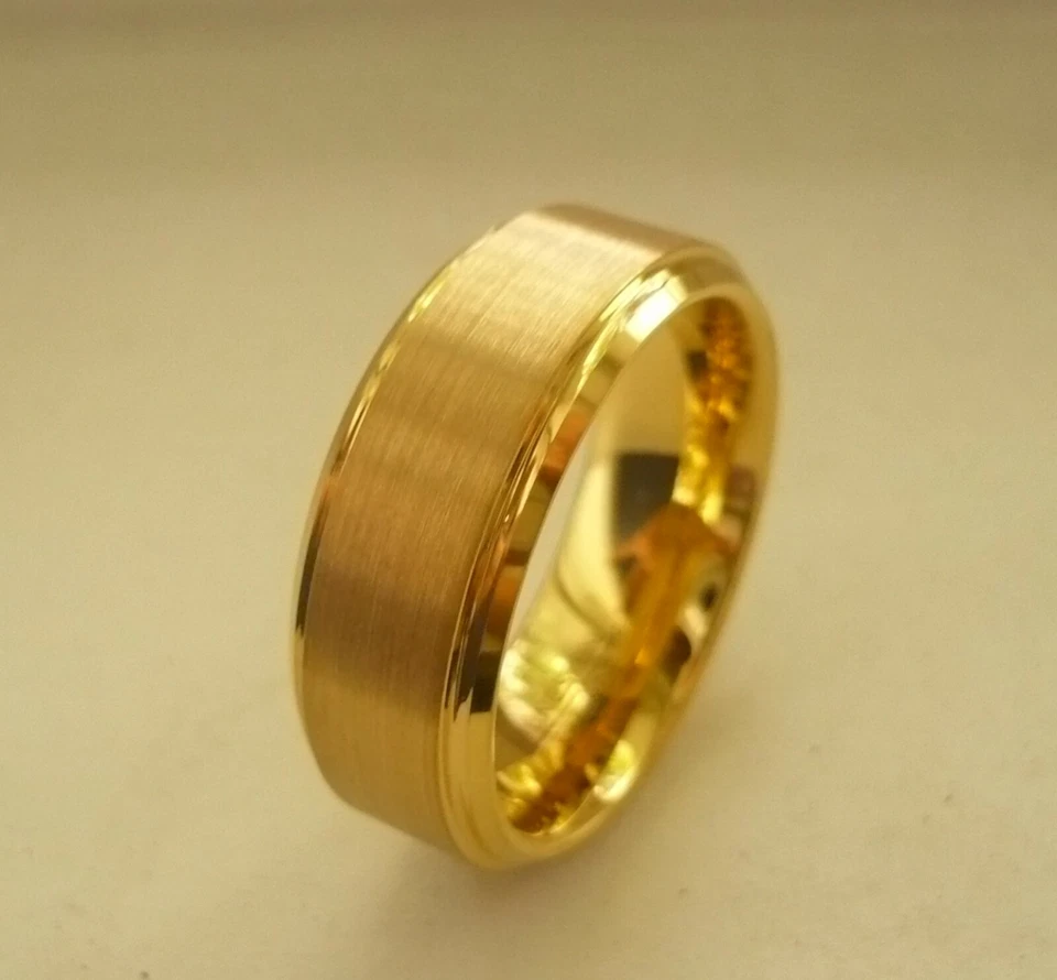 8mm TUNGSTEN CARBIDE MEN'S YELLOW GOLD IP PLATED BRUSHED BAND RING SZ 7-15 - Image 1 of 1