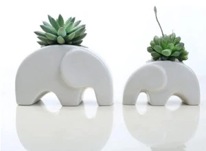 Momma and Baby Elephant Planter Pottery Small Modern Ceramic White Set of 2 - Picture 1 of 6