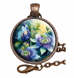 Passion Flower Art Nouveau Glass Top Pendant Necklace Handcrafted Photo Jewelry - Picture 1 of 3