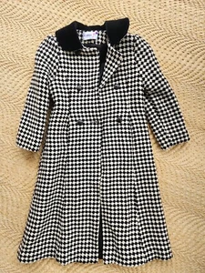 Vintage girls black white houndstooth double breasted peacoat long jacket  - Picture 1 of 7