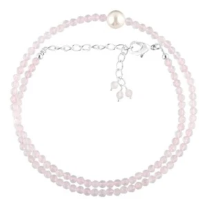 Collar mujer 2-3 mm cuarzo rosa y perlas 2 piedras preciosas redondas multifacéticas con cuentas - Imagen 1 de 12