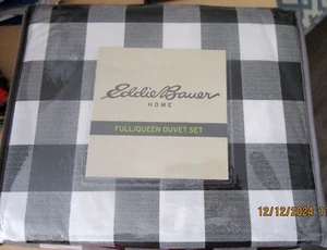 NEW Eddie Bauer Home Full Queen Duvet Set MOUNTAIN Plaid Black White 100% COTTON - Picture 1 of 3