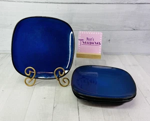 Gibson SOHO LOUNGE Solid Blue Black Edge Square Stoneware Lunch Plates Set of 4 - Picture 1 of 10