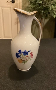 Vtg Cottier Freres Switzerland Blue/Pink Flower Handled Pitcher Bud Vase #210 - Picture 1 of 4