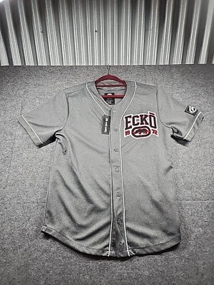 Ecko Unltd Mens MedBaseball Jersey  Gray Button Up Shirt Big Logo Short Sleeve - Image 1 of 4