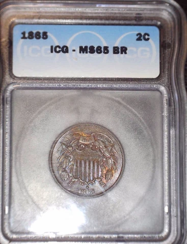 1865 Two Cent Piece, ICG MS65 BN, Gem Grade and Issue Free Cover