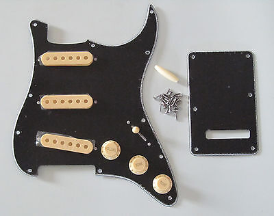 ST/Strat Pickguard,Trem Cover Black 3 Ply W/ Cream Pickup Covers,Knobs,Tips • 15.99€
