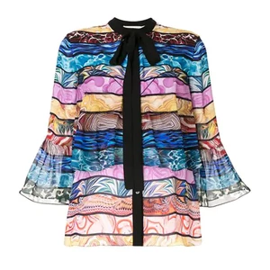 Mary Katrantzou Milana Seidentop Bluse Marmor Stein Regenbogen Streifen Krawatte Ausschnitt US 8 - Bild 1 von 19
