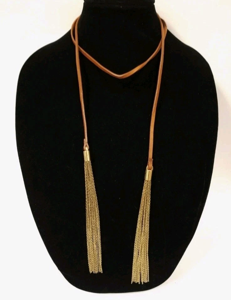 Colar longo Michael Kors bagagem couro marrom + borla dourada polida BOM - Imagem 1 de 4