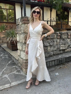 Vestido largo de lino beige con volantes hecho a mano vestido de lino envolvente cuello en V / XS - 5XL Foto 1 de 4