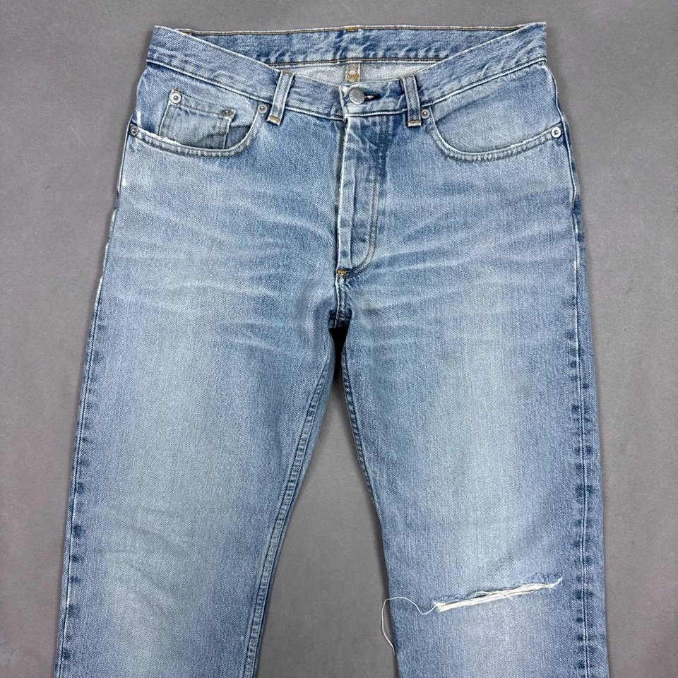 Vintage Helmut Lang Jeans Womens 29 Blue Distressed Frayed Hem Button Fly Thrash - Image 1 of 4