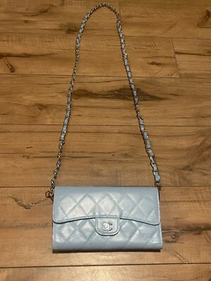 Chanel Blue Wallet with Silver Hardware and Added Non Chanel Chain ~ Repainted - Image 1 of 4