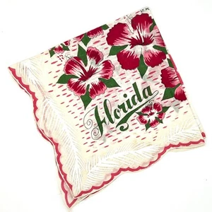 Vtg Retro Ladies Hankie Handkerchief Scalloped Edges Hibiscus Florida State Map - Picture 1 of 3