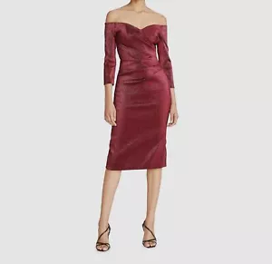 $646 Theia Women's Red Off-The-Shoulder 3/4 Sleeve Midi Sheath Dress Size 14 - Picture 1 of 5
