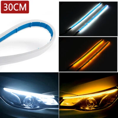 Pair 30cm Slim Amber Sequential Flexible LED DRL Turn Signal Strip Headlight New - Image 1 of 4