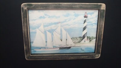 Country Print **2--Sailboats with Lighthouse** black frame 7 1/2"x 10 1/2" - Image 1 of 3