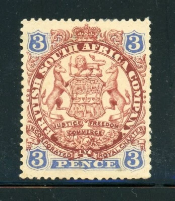 RHODESIA 29 SG31 MH 1896-97 3p Coat of Arms Scrolls Behind Legs with dot CV$11 - Image 1 of 2