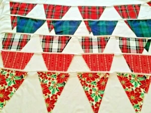 Christmas Fabric Bunting Mantel decor 100%Cotton Tartan From 60 inches Handmade - Picture 1 of 12