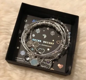 Alex and Ani BE MERRY SET OF 4 Shiny Silver Charm Bangles New W/ Tag Card & Box - Picture 1 of 3